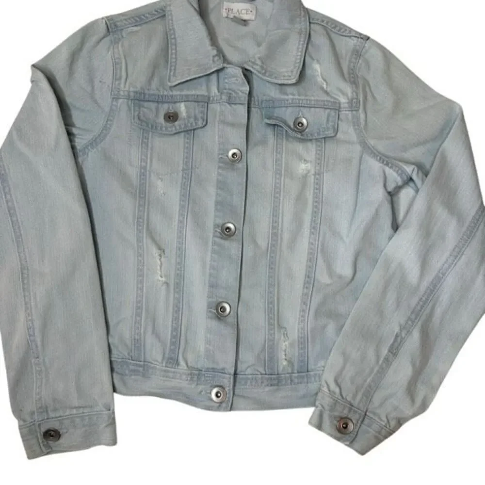 The Children’s Place Girl's Blue Light Wash Distressed Denim Jacket Size XL